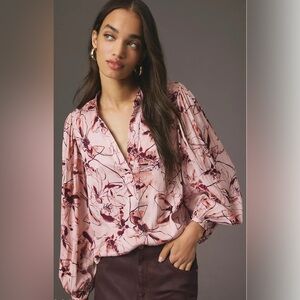 By Anthropologie Pleated-Sleeve
Henley Blouse Size XL